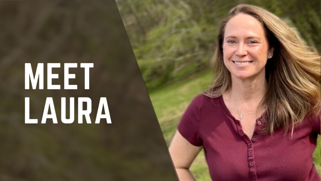 text overlay: meet laura social media marketer for brick and mortar businesses image: fair skinned woman with wind blown hair smiling in front of green field and trees