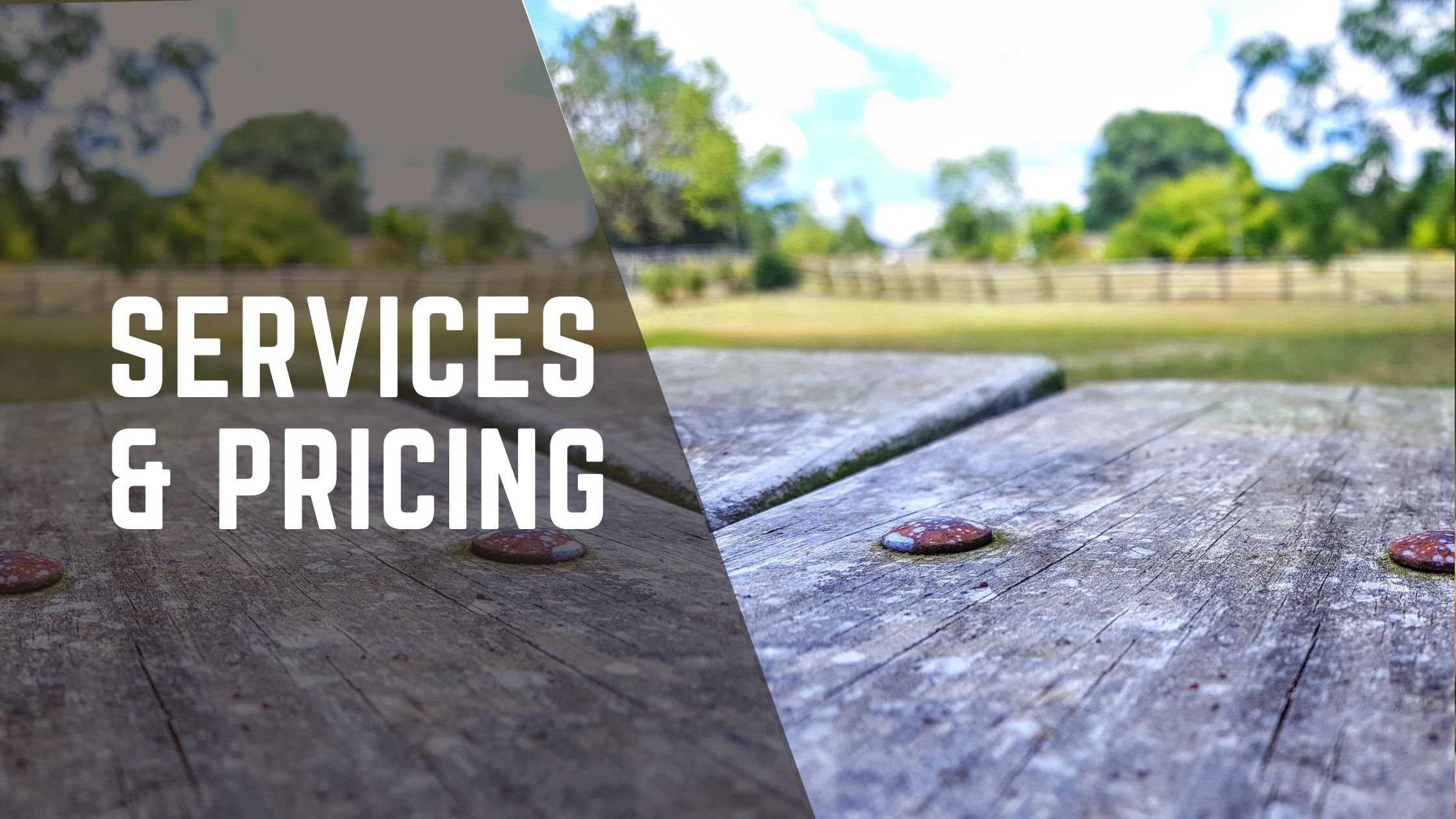 image of tabletop with landscape in background. text on screen says services & pricing